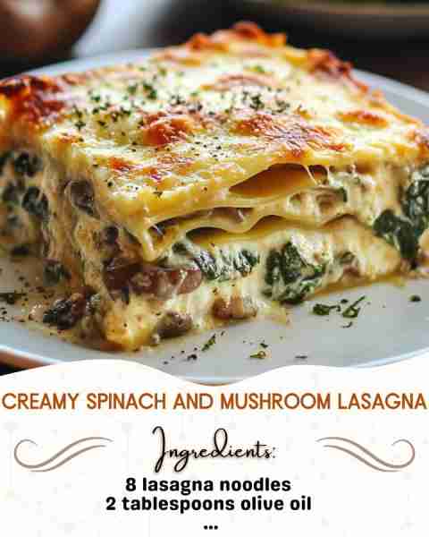 Creamy Spinach and Mushroom Lasagna Ingredients: 8 lasagna noodles 2 tablespoons olive oil 1 small...