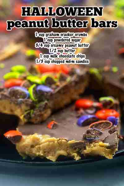 These peanut butter bars are all dressed up for Halloween! So simple with just a handful of ingredie...