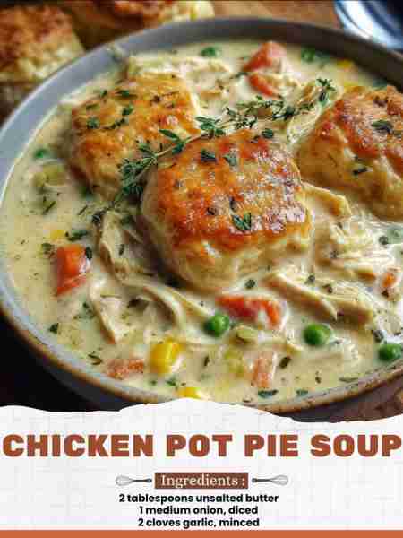 Chicken Pot Pie Soup Ingredients: 2 tablespoons unsalted butter 1 medium onion, diced 2 cloves garli...