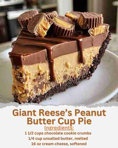 Giant Reese’s Peanut Butter Cup Pie Ingredients: - 1 1/2 cups chocolate cookie crumbs - 1/4 cup unsa...