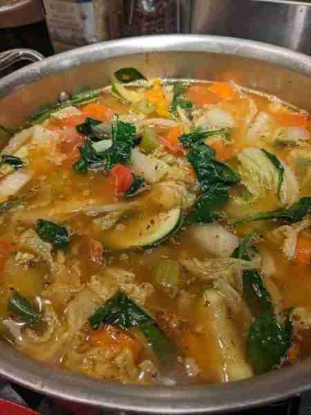 Cabbage soup just throw it all in a pot star with sauteed in 2 tablespoon olive oil – two heads garl...