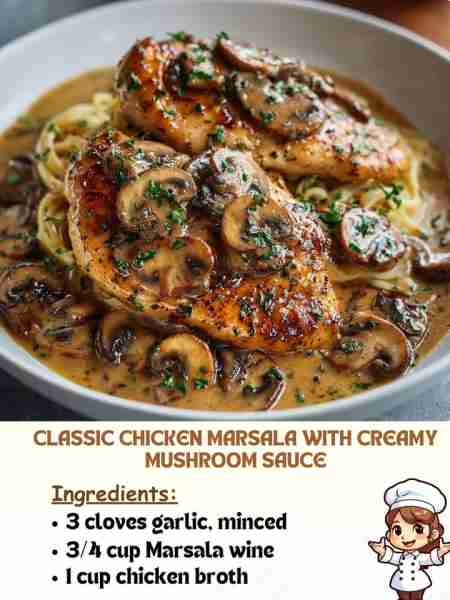 Classic Chicken Marsala with Creamy Mushroom Sauce Ingredients 3 cloves garlic, minced ¾ cup Marsal...