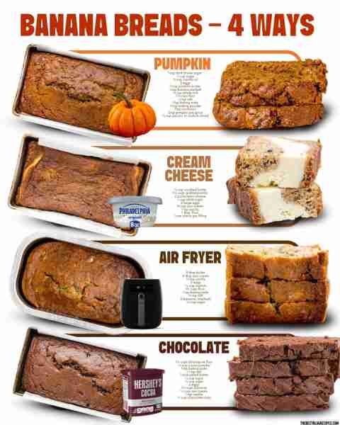BANANA BREAD 4 WAYS 🎃🧀🍌🍫 something for every craving! 1️⃣ PUMPKIN BANANA BREAD 1 cup dark brown...