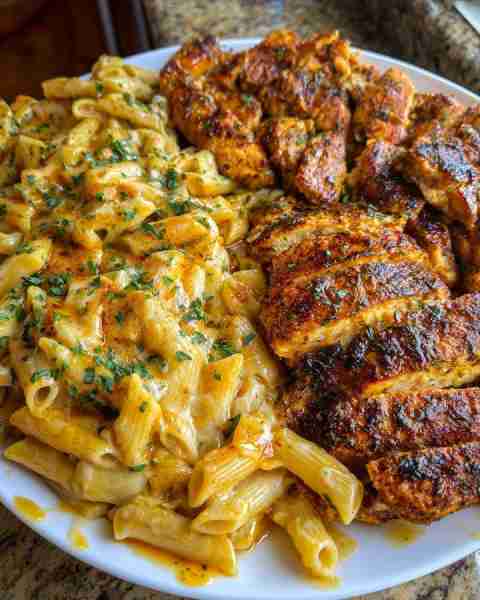 Cheesy Alfredo Garlic Butter Chicken with Penne Pasta Ingredients: 1 pound penne pasta 2 pounds bone...
