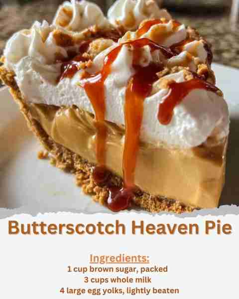 Butterscotch Heaven Pie Ingredients: - 1 pre-made 9-inch pie crust, baked and cooled - 1 cup brown s...