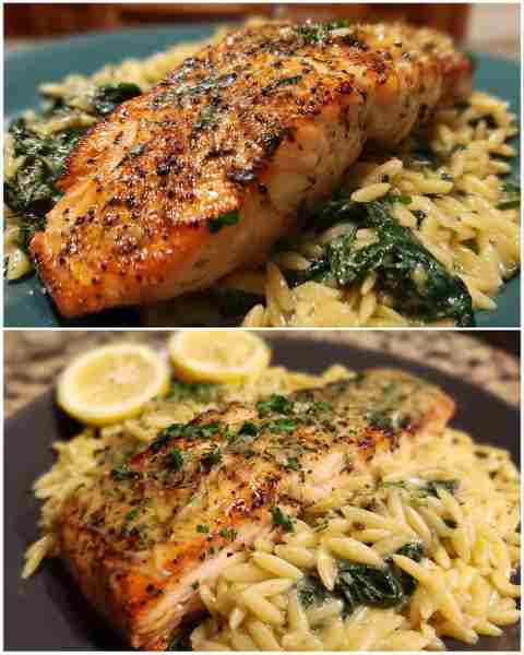 Garlic Butter Salmon with Spinach Orzo Succulent Garlic Butter Salmon on a Bed of Creamy Spinach Orz...