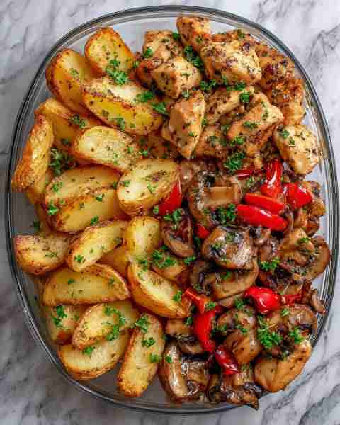 Herbed Chicken Bites with Garlic Potatoes & Sautéed Mushrooms 🌿🥔🍄 Prep time: 15 minutes Cook time...