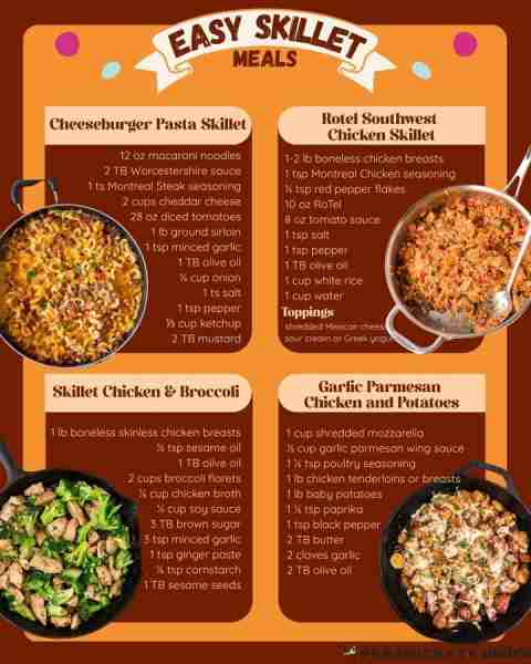 FOUR EASY SKILLET MEALS 🍳 Four entirely different flavors - which are you picking? ⬇️⬇️ 🍔 Cheesebu...