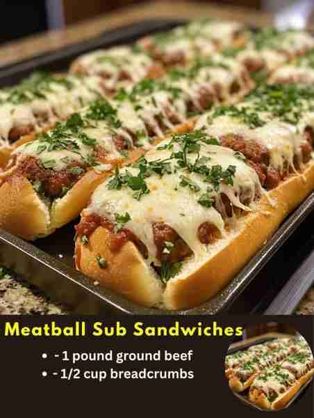 Meatball Sub Sandwiches Ingredients: - 1 pound ground beef - 1/2 cup breadcrumbs - 1/4 cup grated Pa...