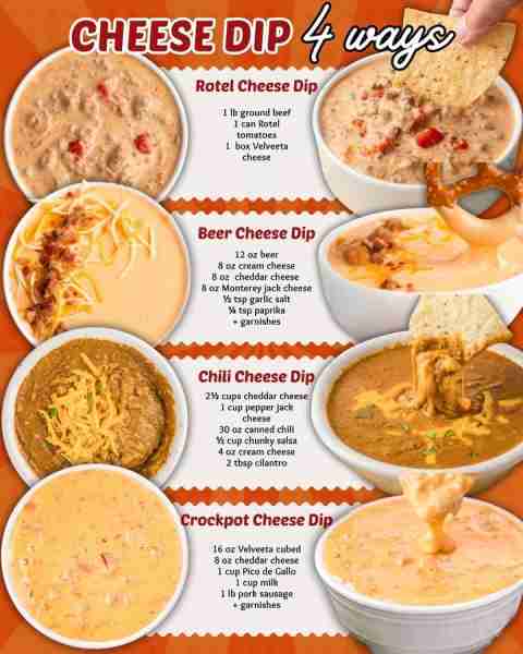 ROTEL CHEESE DIP: 1 lb ground beef 1 can Rotel tomatoes 1 box Velveeta cheese BEER CHEESE DIP: 12 oz...