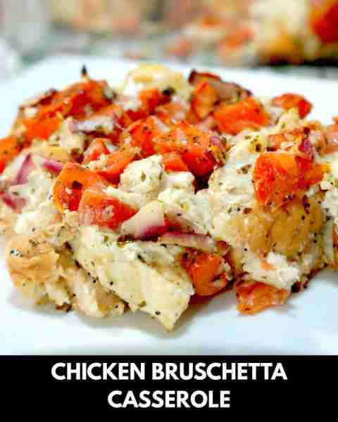 This Chicken Bruschetta Casserole with Everything Bagels is the perfect weeknight dinner recipe.