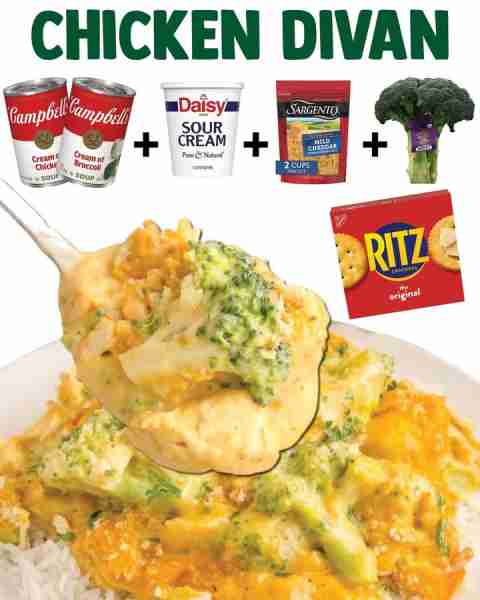 Chicken Divan Chicken with broccoli in a creamy cheesy sauce! The Blogette and link to recipe in com...