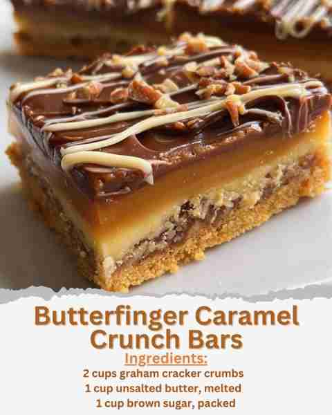 Butterfinger Caramel Crunch Bars Ingredients: - 2 cups graham cracker crumbs - 1 cup unsalted butter...