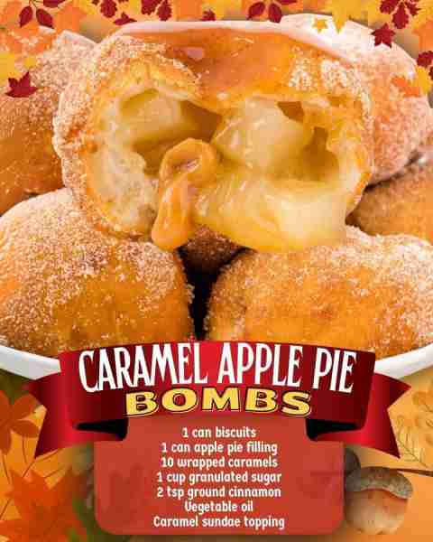 CARAMEL APPLE PIE BOMBS! Filled with oozing with warm apple pie filling 😋 1 can biscuits 1 can appl...