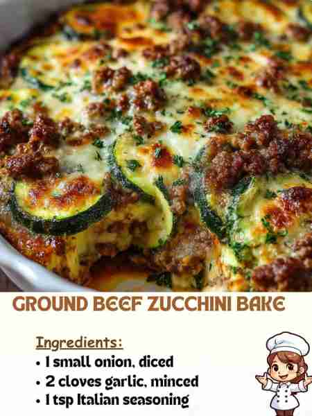 Ground Beef Zucchini Bake Ingredients 1 small onion, diced 2 cloves garlic, minced 1 tsp Italian s...