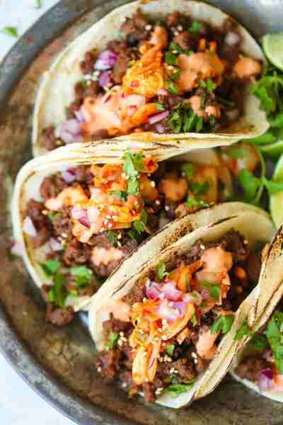 Korean Beef Tacos - The most mind-blowing tacos EVER! Filled with everyone's favorite Korean beef, c...