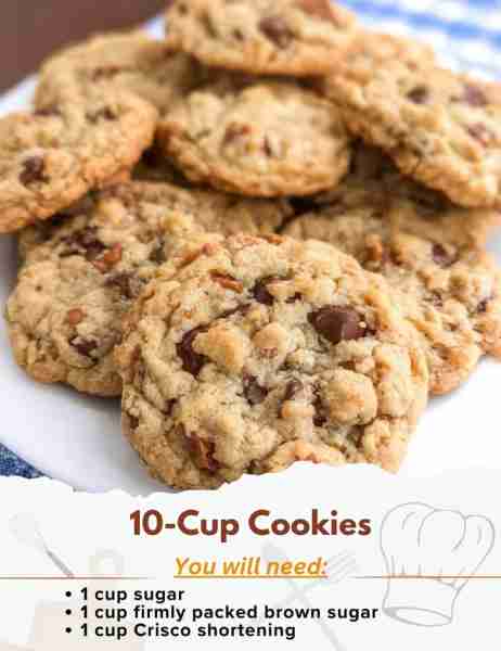10-Cup Cookies Ingredients: - 1 cup sugar - 1 cup firmly packed brown sugar - 1 cup Crisco shortenin...