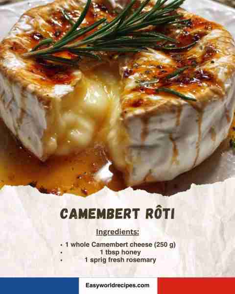 🧀 Camembert Rôti (Baked Camembert) A gooey, indulgent baked cheese appetizer. Ingredients: • 1 whol...