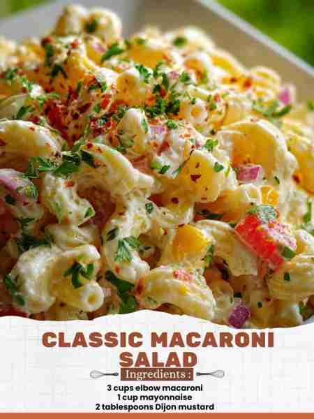 Classic Macaroni Salad Ingredients: 3 cups elbow macaroni 1 cup mayonnaise 2 tablespoons Dijon musta...