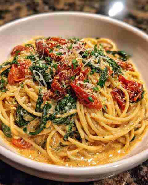 Spaghetti & Spinach with Sun-Dried Tomato Cream Sauce Ingredients: 12 ounces spaghetti 2 tablespoons...