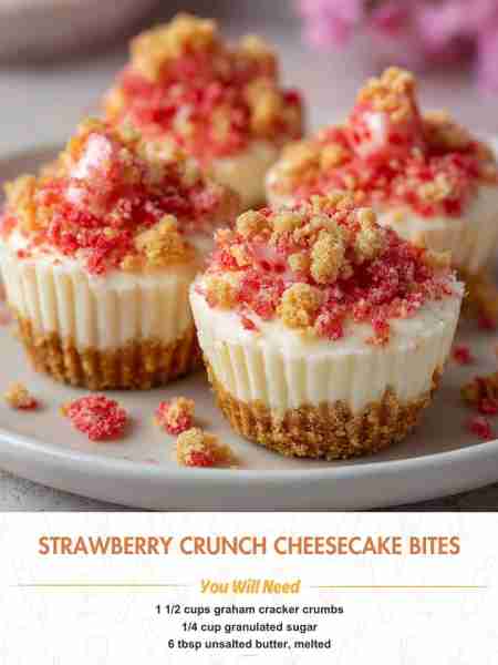 Strawberry Crunch Cheesecake Bites Ingredients 1 ½ cups graham cracker crumbs ¼ cup granulated suga...