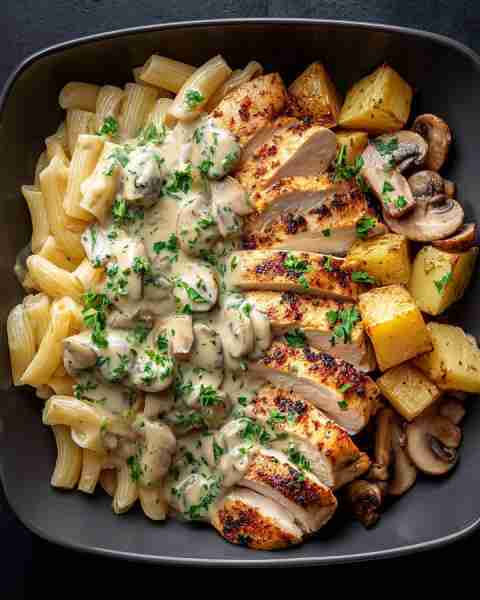 🍄 Creamy Mushroom Chicken with Pasta & Roasted Potatoes 🍗🍝🥔 Prep time: 20 minutes Cook time: 30...