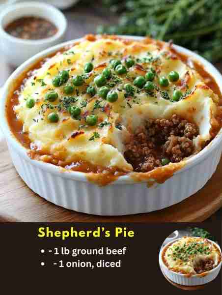Shepherd’s Pie Ingredients: - 1 lb ground beef - 1 onion, diced - 2 cloves garlic, minced - 1 cup fr...