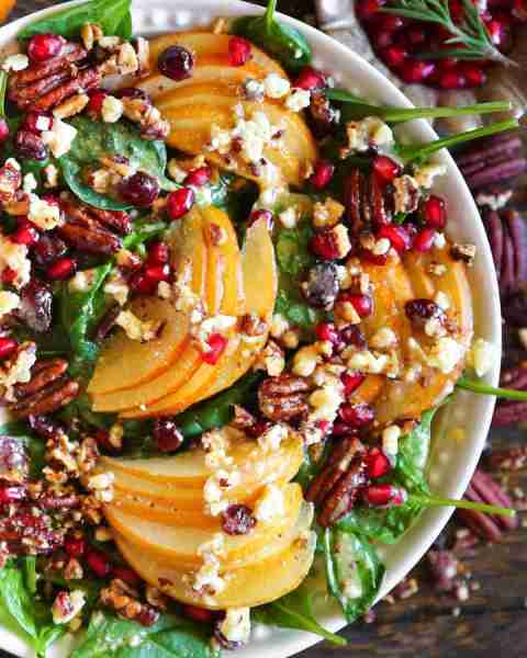 🍁🍂 Pear and Pomegranate Spinach Salad with Maple-Lemon Mustard Dressing🍁🍂