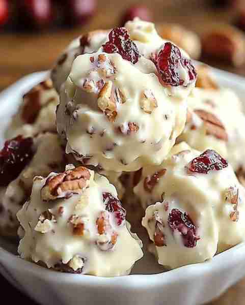 White Chocolate Cranberry Pecan Clusters 🍫🎉 Ingredients: 1 ½ cups white chocolate, melted ¾ cup dr...