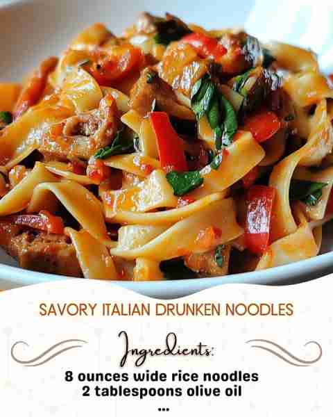 Savory Italian Drunken Noodles Ingredients: 8 ounces wide rice noodles 2 tablespoons olive oil 1 m...