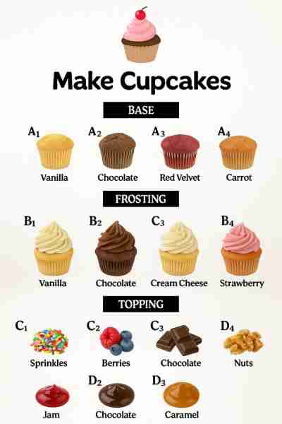 Cupcake Base 🧁 Vanilla (A1): A timeless classic, light and fluffy, perfect for any frosting. Chocol...