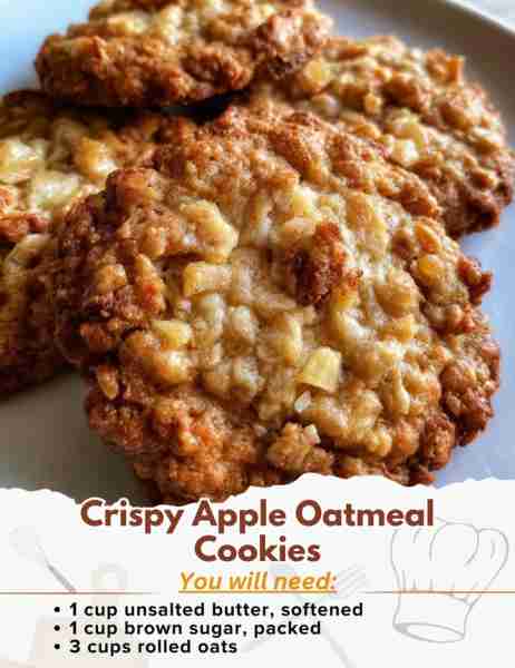 Crispy Apple Oatmeal Cookies Ingredients: - 1 cup unsalted butter, softened - 1 cup brown sugar, pac...