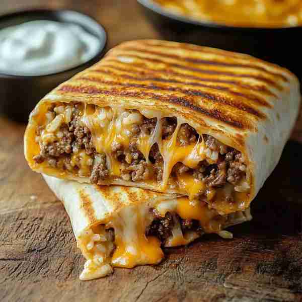 Cheesy Beef Grilled Burrito 🌯🧀 Recipe: Ingredients: 1 lb ground beef 1 small onion (diced) 1 cup c...