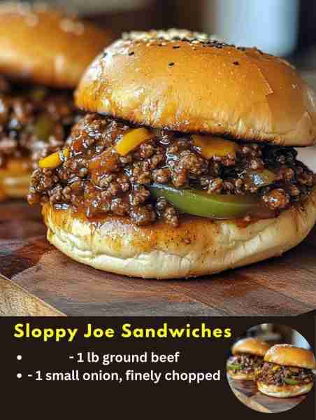 Sloppy Joe Sandwiches Ingredients: - 1 lb ground beef - 1 small onion, finely chopped - 1/2 green be...