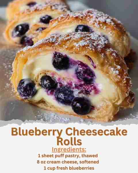 Blueberry Cheesecake Rolls Ingredients: - 1 sheet puff pastry, thawed - 8 oz cream cheese, softened...