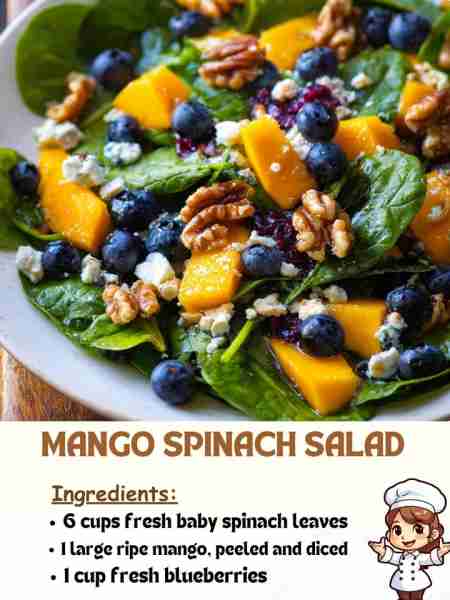 Mango Spinach Salad Ingredients 6 cups fresh baby spinach leaves 1 large ripe mango, peeled and di...
