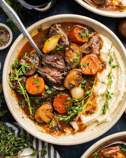 🧡 Beef Bourguignon (French Red-Wine Beef Stew) with Mashed Potatoes, Mushrooms, Onions, Garlic, Car...