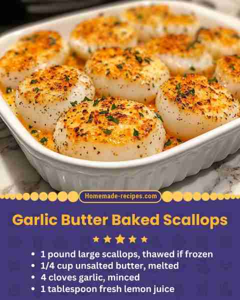 Garlic Butter Baked Scallops 📋 Ingredients • 1 pound large scallops, thawed if frozen • 1/4 cup uns...