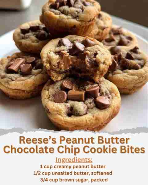 Reese’s Peanut Butter Chocolate Chip Cookie Bites Ingredients: - 1 cup creamy peanut butter - 1/2 cu...
