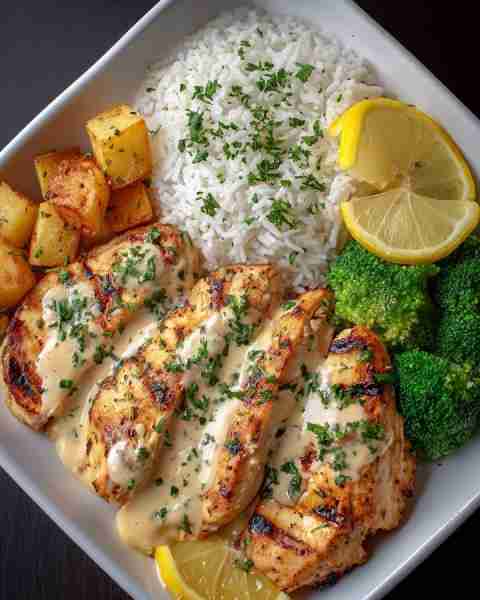 Tried once, made twice — Grilled Chicken with Creamy Sauce, Rice, Roasted Potatoes & Broccoli