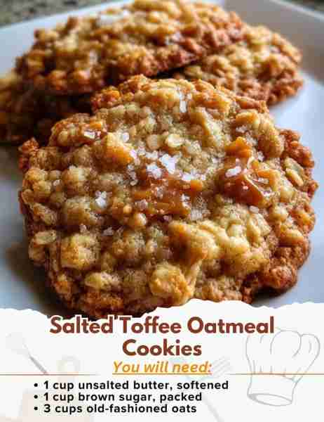 Salted Toffee Oatmeal Cookies Ingredients: - 1 cup unsalted butter, softened - 1 cup brown sugar, p...