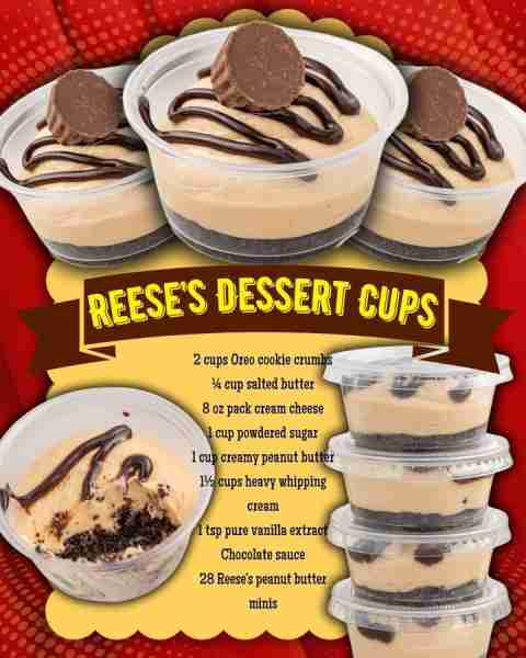 REESE'S DESSERT CUPS! 2 cups crushed Oreo cookie crumbs ¼ cup salted butter 8 oz pack cream cheese 1...