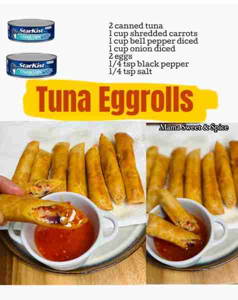 Delicious and Crispy Tuna Egg rolls (Tuna Lumpia) Recipe: 2 canned tuna (drained) 1 cup shredded car...