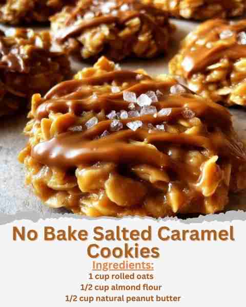 No Bake Salted Caramel Cookies Ingredients: - 1 cup rolled oats - 1/2 cup almond flour - 1/4 cup coc...
