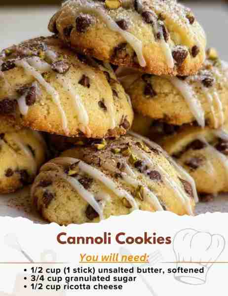 Cannoli Cookies Ingredients: - 1/2 cup (1 stick) unsalted butter, softened - 3/4 cup granulated suga...