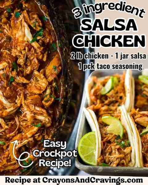 3-Ingredient Salsa Chicken - easy dump & go crockpot recipe All you need are: 2 lbs boneless chicken...