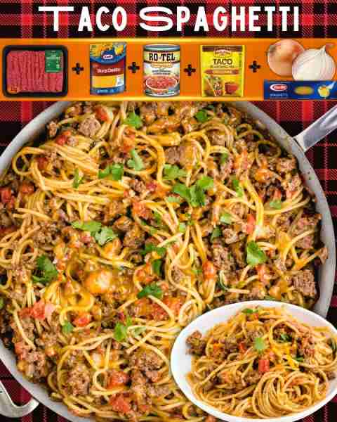 TACO SPAGHETTI! Ready in under 30 minutes! 2 tbsp olive oil 1 lb ground beef ¼ cup yellow onions ¼ c...