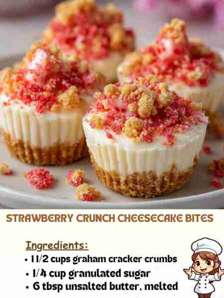 Strawberry Crunch Cheesecake Bites Ingredients 1 ½ cups graham cracker crumbs ¼ cup granulated suga...