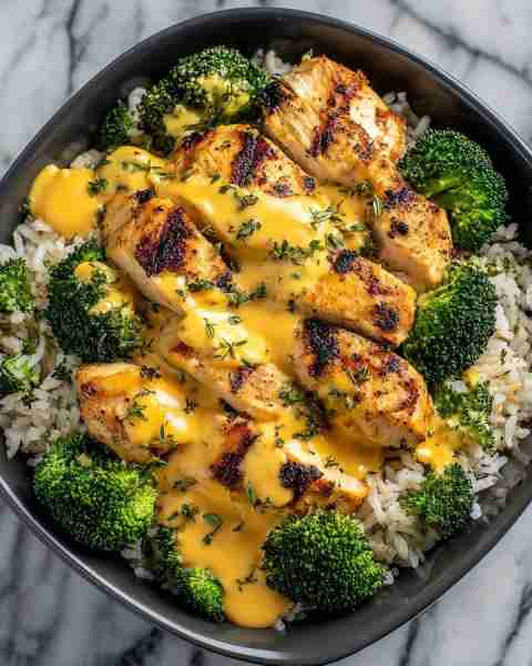 🧀 Grilled Chicken with Cheddar Cheese Sauce, Rice & Broccoli 🍗🥦🍚 Prep time: 15 minutes Cook time...