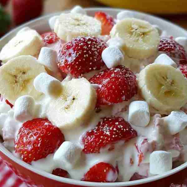 Strawberry Banana Cheesecake Salad Ingredients: 1 tub of regular cool whip 1 bag of miniature marshm...